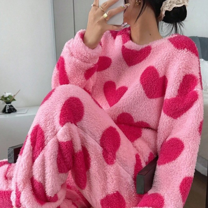 Summer House Clothing - ホットピンクパジャマスーツプリントパジャマ暖かいサンゴフリーストップパンツ 2 個ラウンジウェア秋冬暖かいホーム服衣装