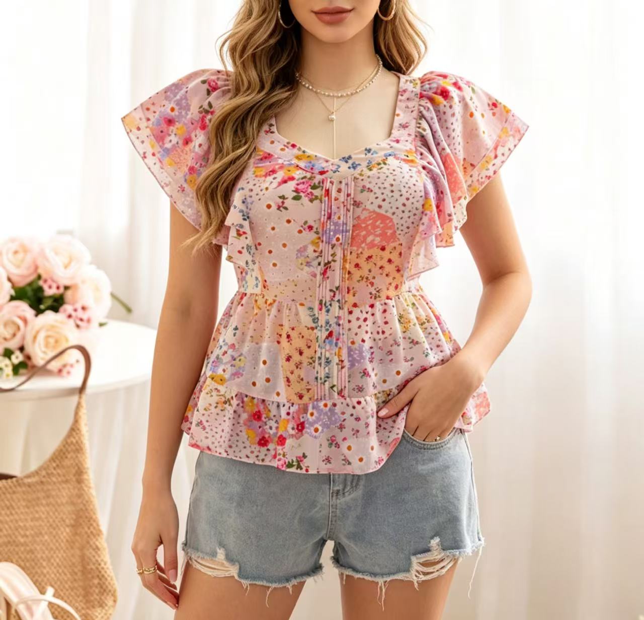 Summer Clothing Girls - プラスサイズ女性向けニッチデザイン小花柄フリルレーストリムラッフルスリーブ新作スタイリッシュスイート＆スパイシーガールトップスシャツ