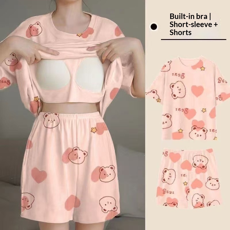 Summer House Clothing - 夏用女性用半袖パジャマ 胸パッド付きホームスーツセット、水玉模様ラウンドネックショートパンツパジャマホームスーツセット