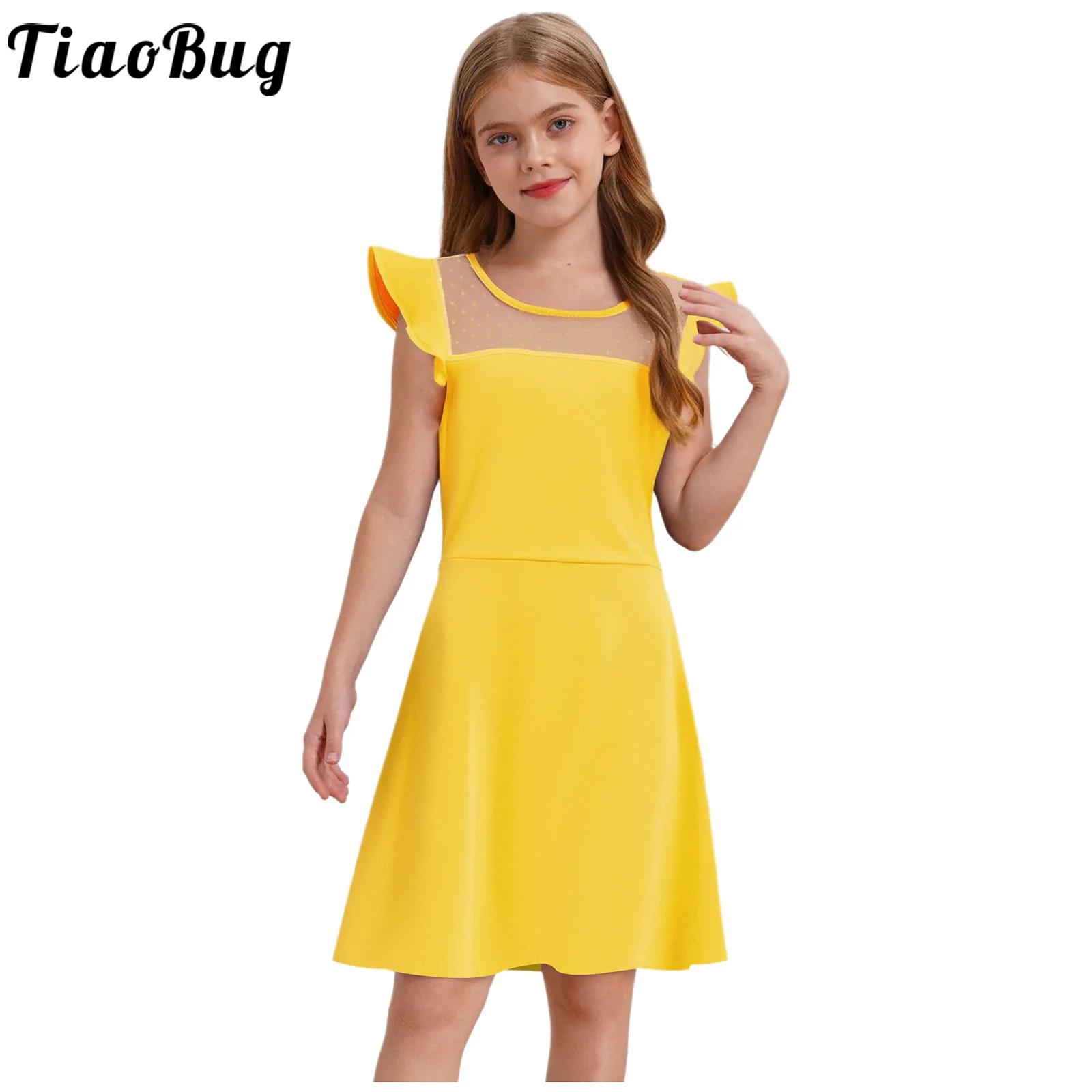 Summer Clothing Teens - 10代の女の子の夏のドレス、ラッフルスリーブ、ドット柄、シースルーメッシュ、Aラインドレス、誕生日、結婚式、パーティー、ページェント、宴会、プロム、子供服