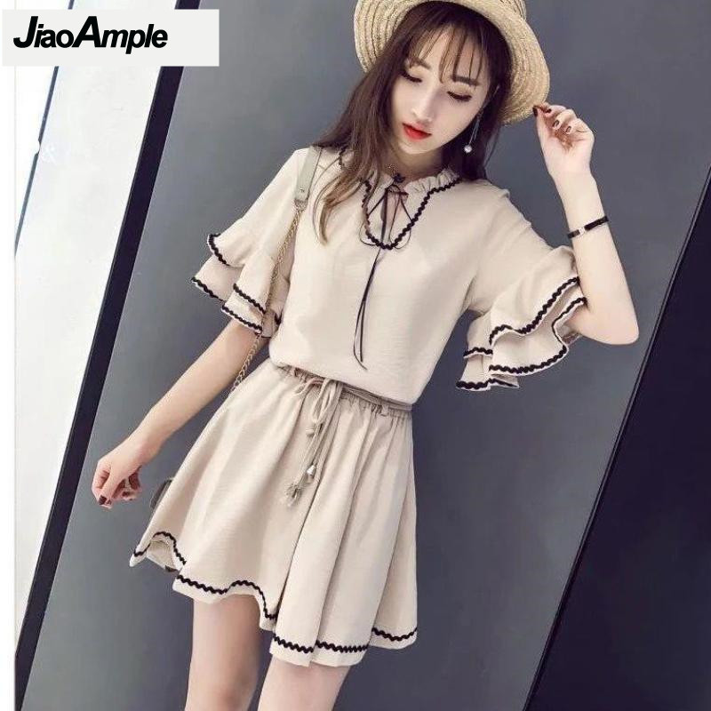 Summer Clothing Model - 女性用シフォンブラウスとパンツのセット,ヴィンテージセット,蓮の葉の袖,ショーツスーツ,エレガントな服,韓国のファッション,夏,新しい,2022, 2個