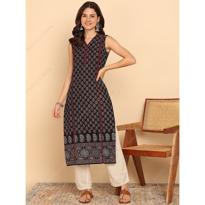 Summer Clothing Pakistan - インド民族風レディースブラックグリーンコットン クルタチュニックトップ ノースリーブペイズリープリント サマーウェア カジュアルクルティドレス