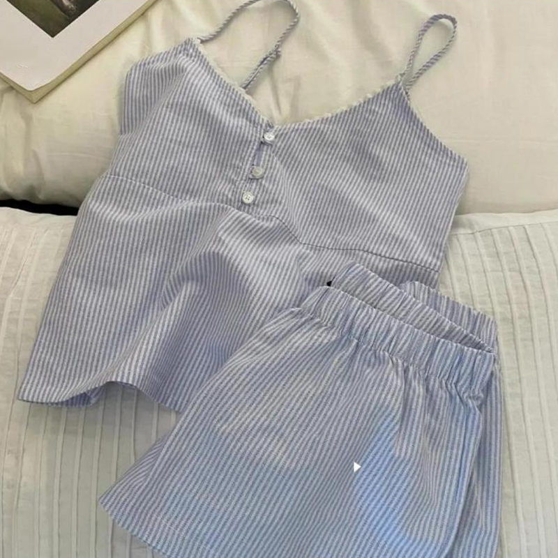 Summer House Clothing - サスペンダーショーツ胸パッド付きパジャマセット女性夏甘いストライプホーム服スーツ