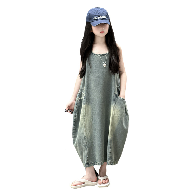 Summer Clothing Girls - ヴィンテージブルー子供女の子高品質ノースリーブデニムドレスストリート衣装ファッション夏の子供の高級ジーンズ服