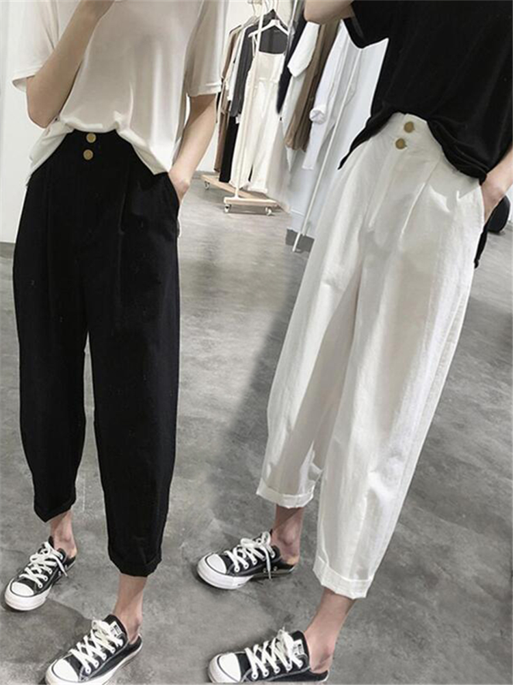 Summer Clothing Label - ハイウエストスリムカジュアルハーランパンツ婦人服ナインポイントラベルカットオフパンツ韓国風竹綿夏薄手