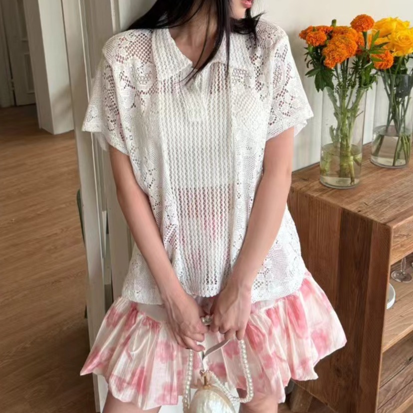 Summer Clothing Online - レトロ襟付きレースシャツ レディースコットンニットセーター 夏のファッション レディースプレミアム服 オンラインショッピング