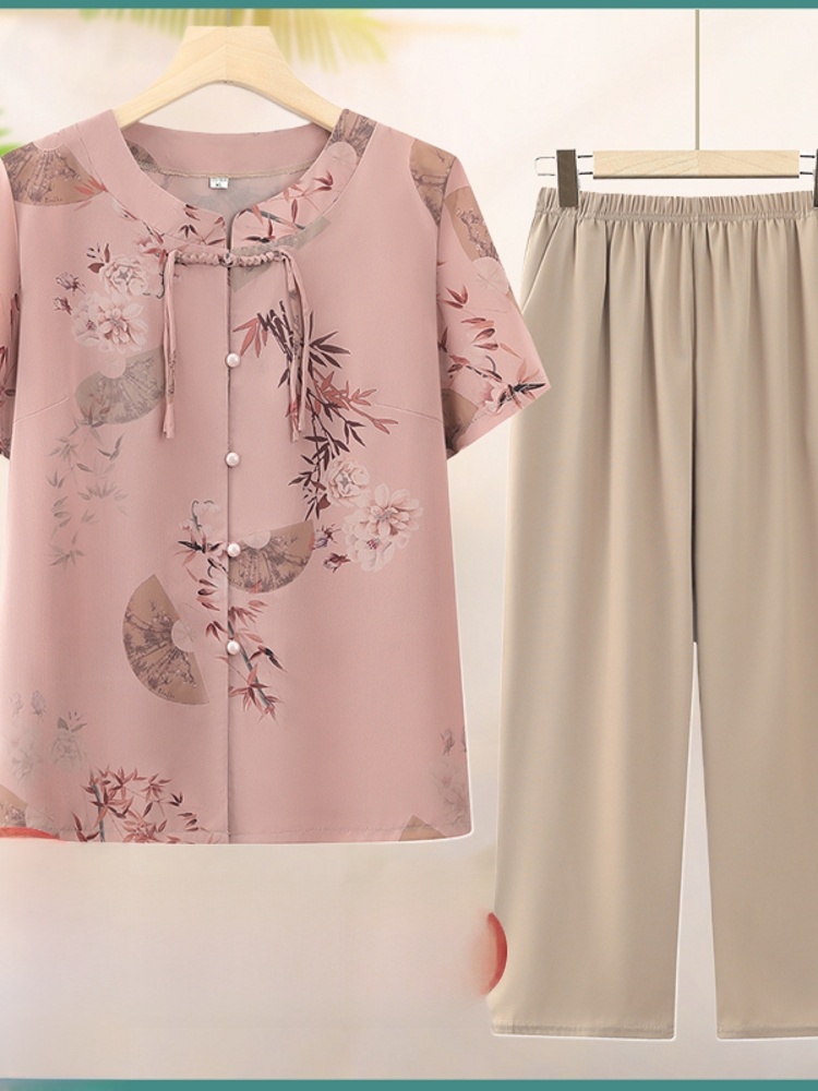 Summer Clothing For Women Over 60 - おしゃれな半袖ツーピースセット 中高年女性向け 夏服 ママスタイル カーディガン おばあちゃんトップス