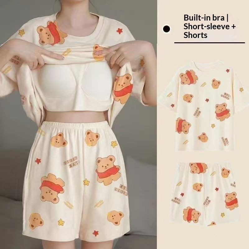 夏用女性用半袖パジャマ 胸パッド付きホームスーツセット、水玉 - Summer House Clothing のレビューと価格