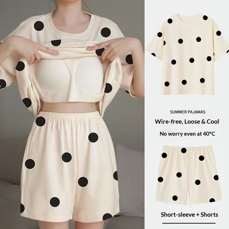 夏用女性用半袖パジャマ 胸パッド付きホームスーツセット、水玉 - Summer House Clothing のレビューと価格