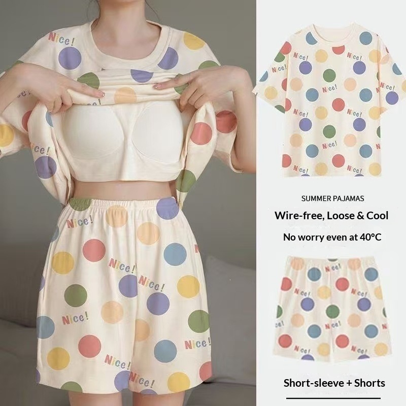 夏用女性用半袖パジャマ 胸パッド付きホームスーツセット、水玉 - Summer House Clothing のレビューと価格