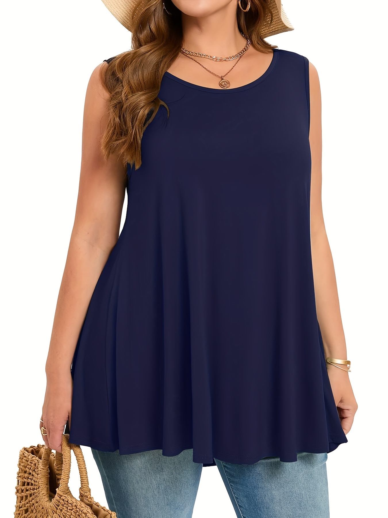 プラスサイズのシンプルな固体タンクトップカジュアルクルーネッ - Summer Clothing Plus Size Women のレビューと価格