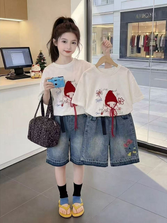 女の子夏半袖Tシャツデニムカジュアルファッション赤い帽子ツー - Summer Clothing Online のレビューと価格