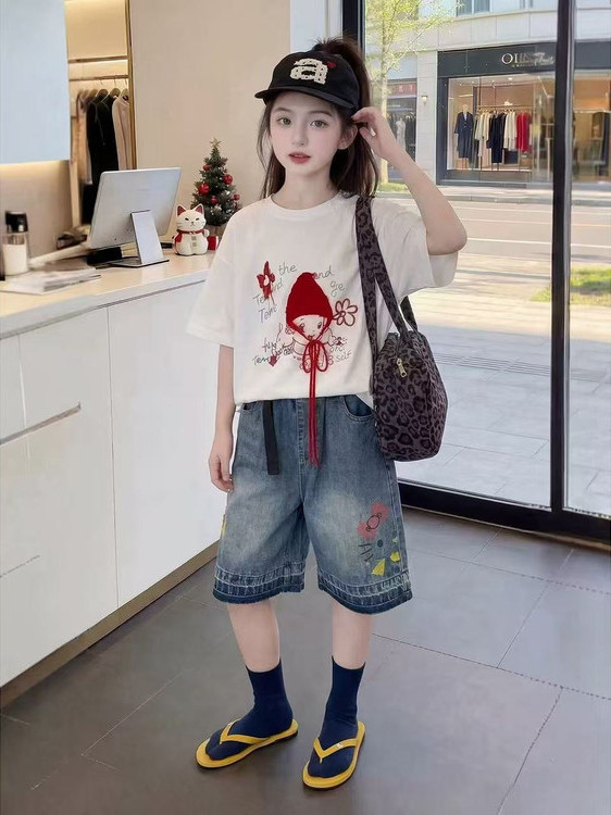 女の子夏半袖Tシャツデニムカジュアルファッション赤い帽子ツー - Summer Clothing Online のレビューと価格