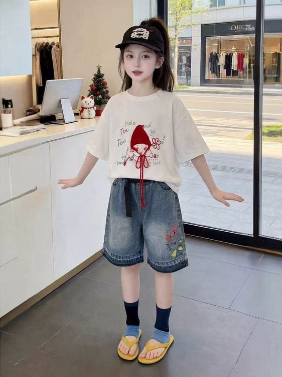 女の子夏半袖Tシャツデニムカジュアルファッション赤い帽子ツー - Summer Clothing Online のレビューと価格