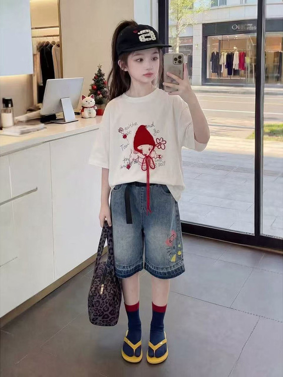 女の子夏半袖Tシャツデニムカジュアルファッション赤い帽子ツー - Summer Clothing Online のレビューと価格
