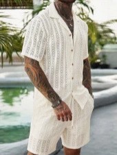 メンズ クロシェ編み 2ピースセット ラペル付き半袖シャツ  - Summer Clothing Mens のレビューと価格