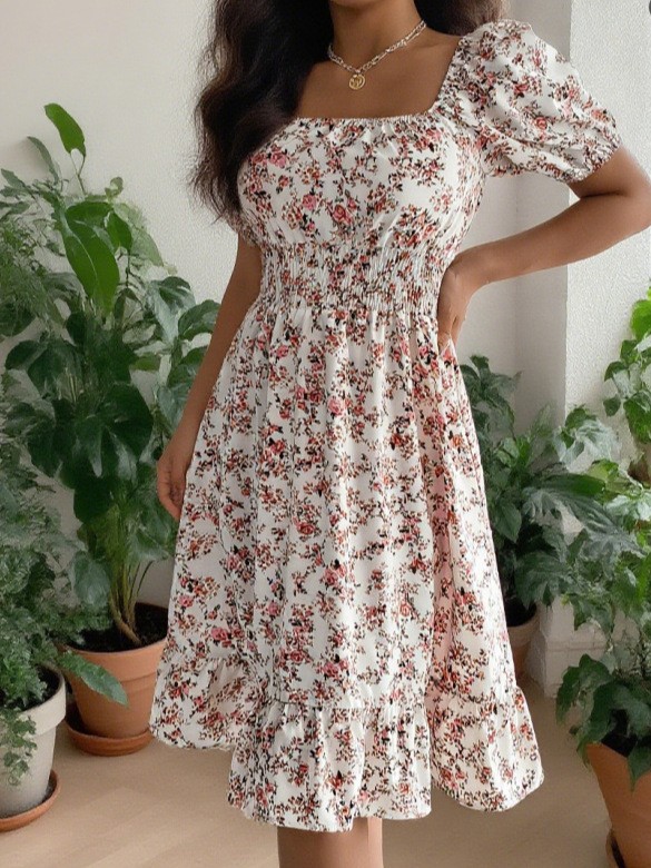 夏春の女性服スクエアネック半袖花柄スリムフィットミディドレス - Summer Clothing Pakistan のレビューと価格