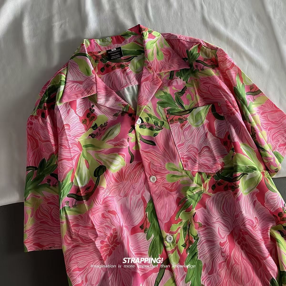 ピンク落書き花キューバ襟アロハシャツ女性と男性半袖ボタンアッ - Summer Clothing H&M のレビューと価格