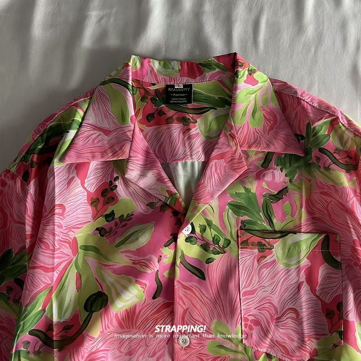 ピンク落書き花キューバ襟アロハシャツ女性と男性半袖ボタンアッ - Summer Clothing H&M のレビューと価格