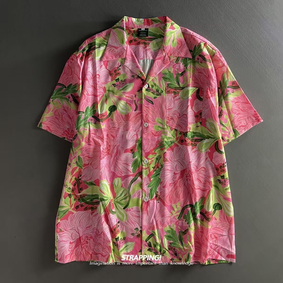 ピンク落書き花キューバ襟アロハシャツ女性と男性半袖ボタンアッ - Summer Clothing H&M のレビューと価格