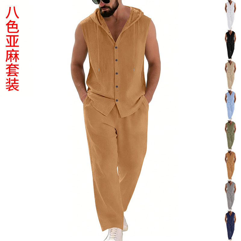 メンズカジュアルリネンスーツフード付きセーターとパンツセット - Summer Clothing Mens のレビューと価格