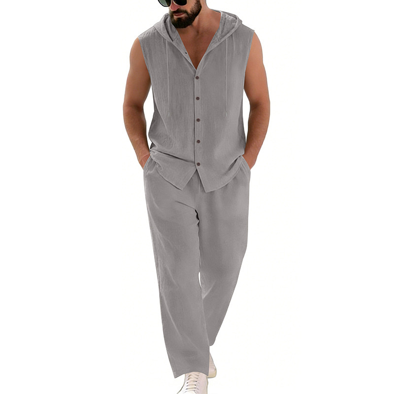 メンズカジュアルリネンスーツフード付きセーターとパンツセット - Summer Clothing Mens のレビューと価格