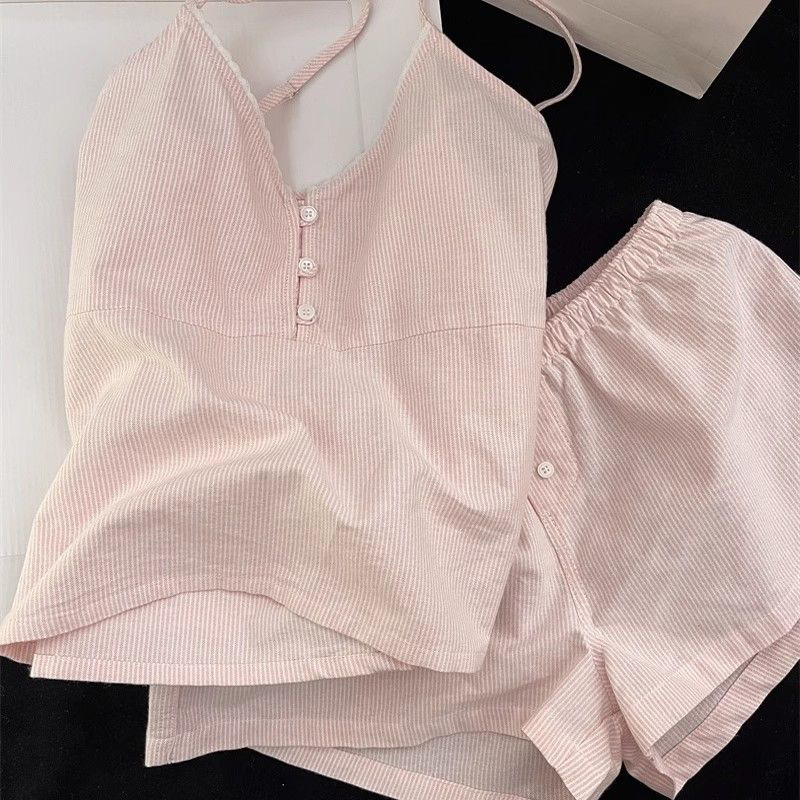 サスペンダーショーツ胸パッド付きパジャマセット女性夏甘いスト - Summer House Clothing のレビューと価格