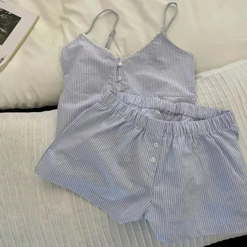サスペンダーショーツ胸パッド付きパジャマセット女性夏甘いスト - Summer House Clothing のレビューと価格