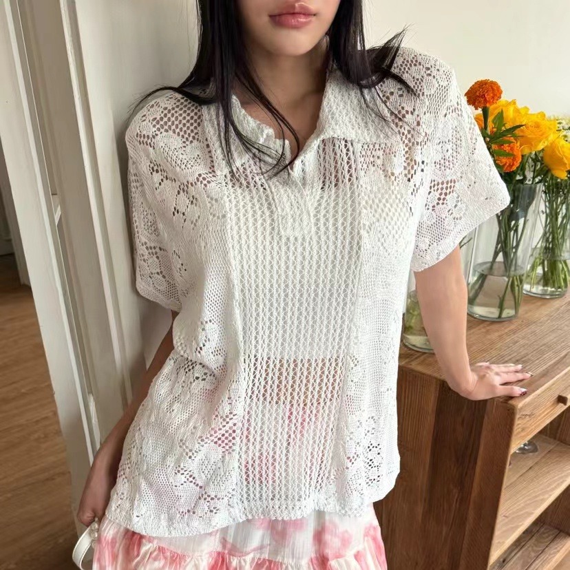 レトロ襟付きレースシャツ レディースコットンニットセーター  - Summer Clothing Online のレビューと価格