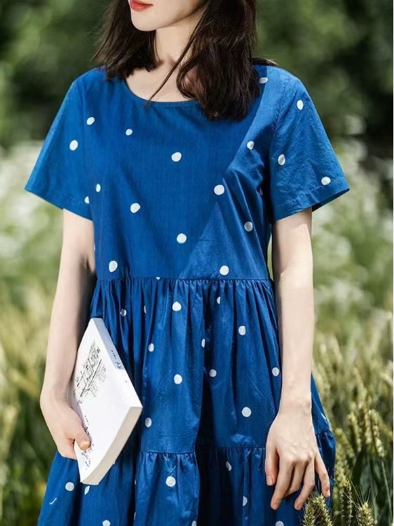 ブルーピュアコットン花柄プリントドレス夏の新しいスタイルロン - Summer Clothing Label のレビューと価格