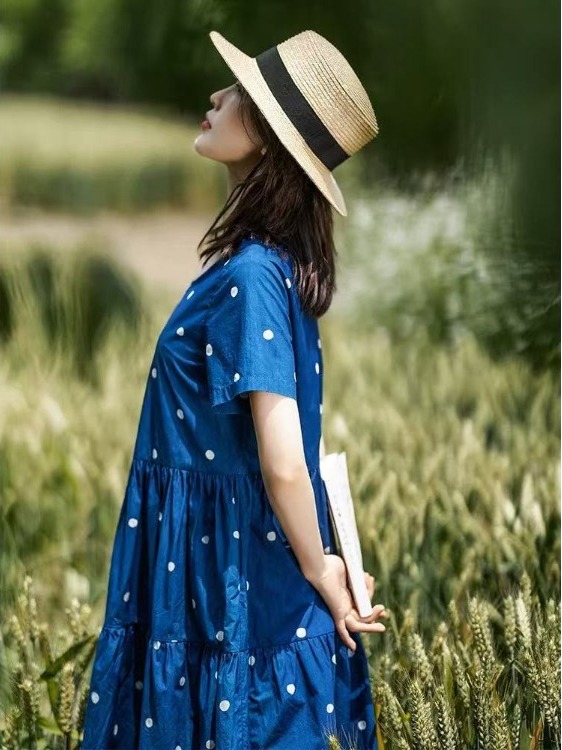 ブルーピュアコットン花柄プリントドレス夏の新しいスタイルロン - Summer Clothing Label のレビューと価格